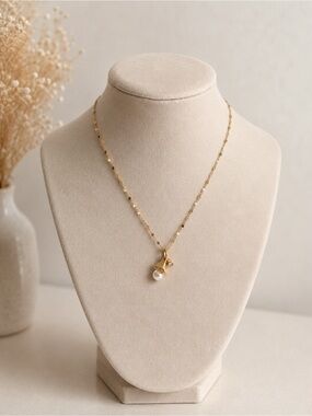 Gold Pearl Necklace with Bow Pendant Stainless Steel Elegant Cute Jewelry Gift